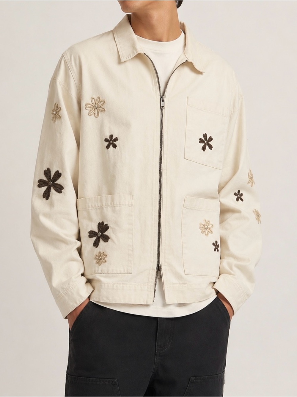 PacSun Men’s Floral Embroidered Canvas Utility Chore Jacket Cream Size Large